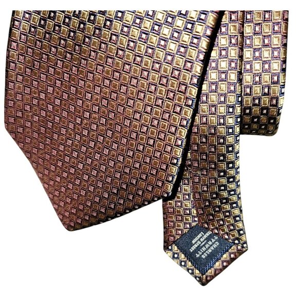 Charles Tyrwhitt Silk Mens Geometric Pattern Necktie Burgundy & Gold - Picture 7 of 9